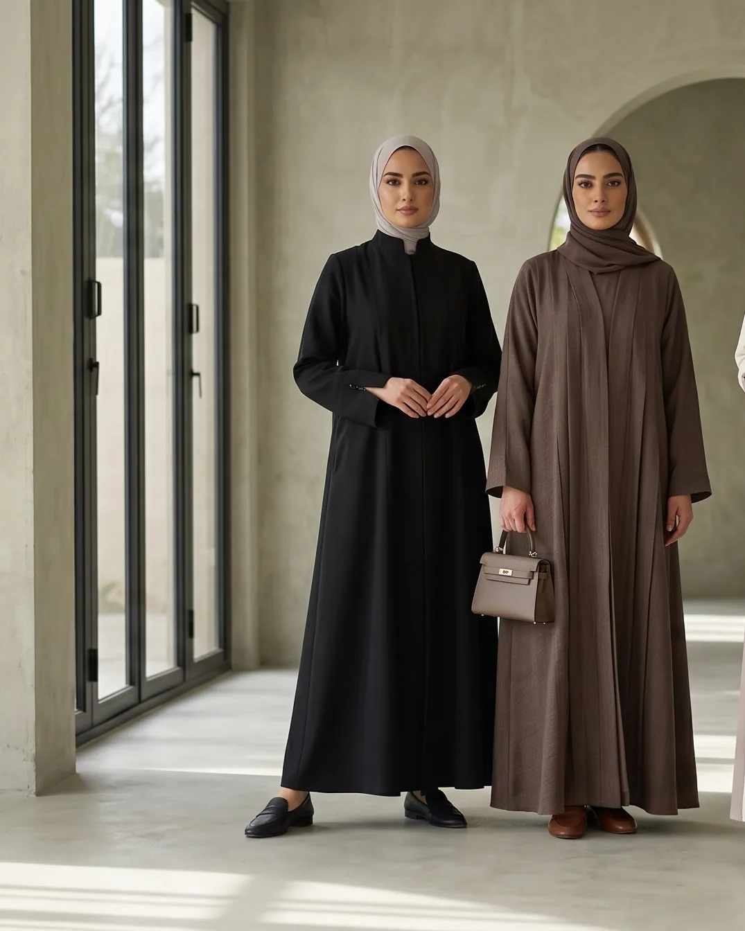 Four abayas from the collection worn together in a sunlit stone hall