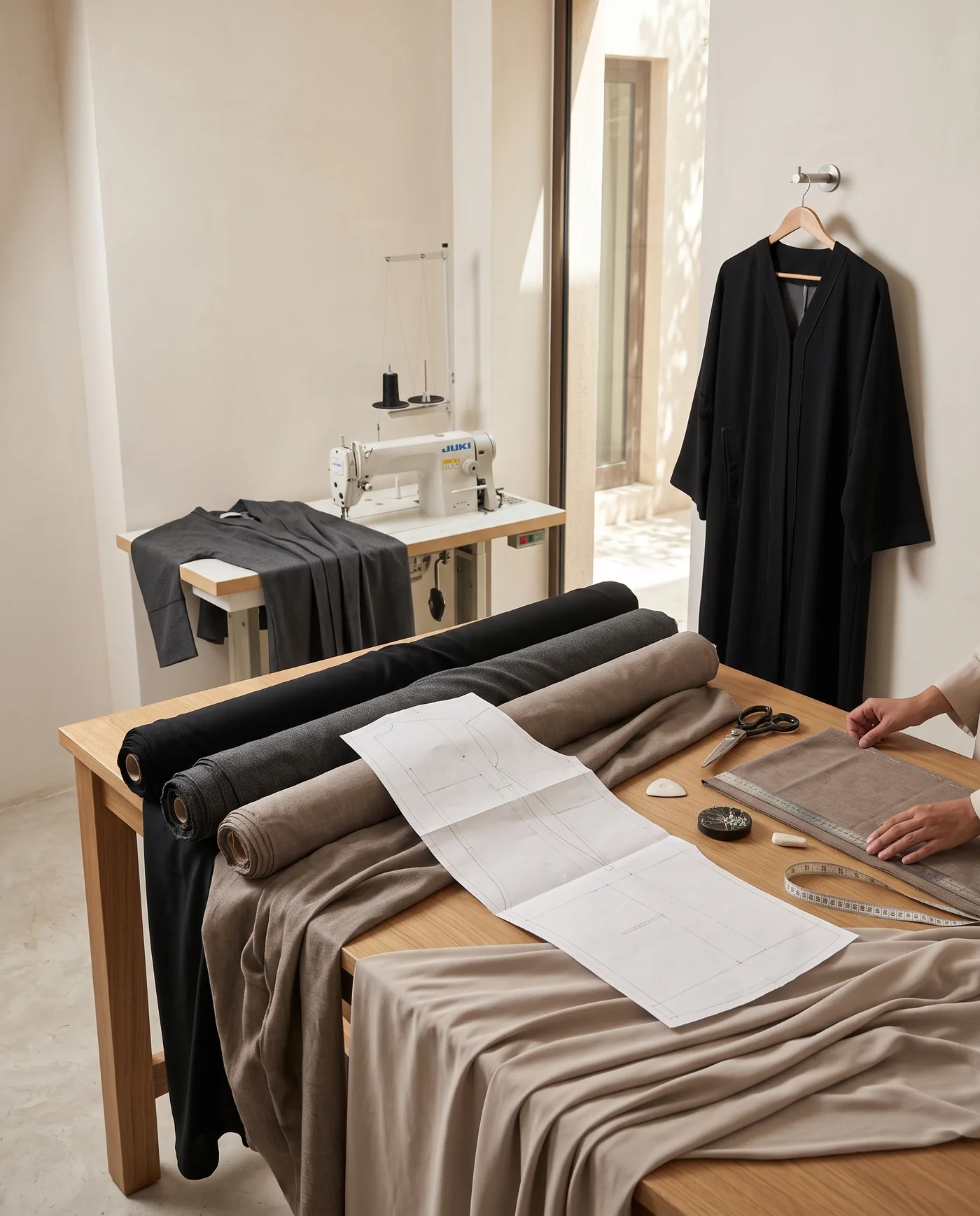 The workroom — cutting table, rolls of cloth, and a finished abaya on the rail