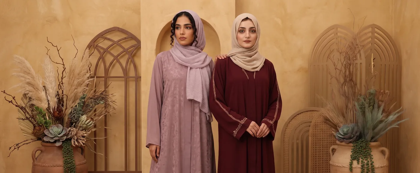 Two abayas from the collection worn together against a sunlit arched wall