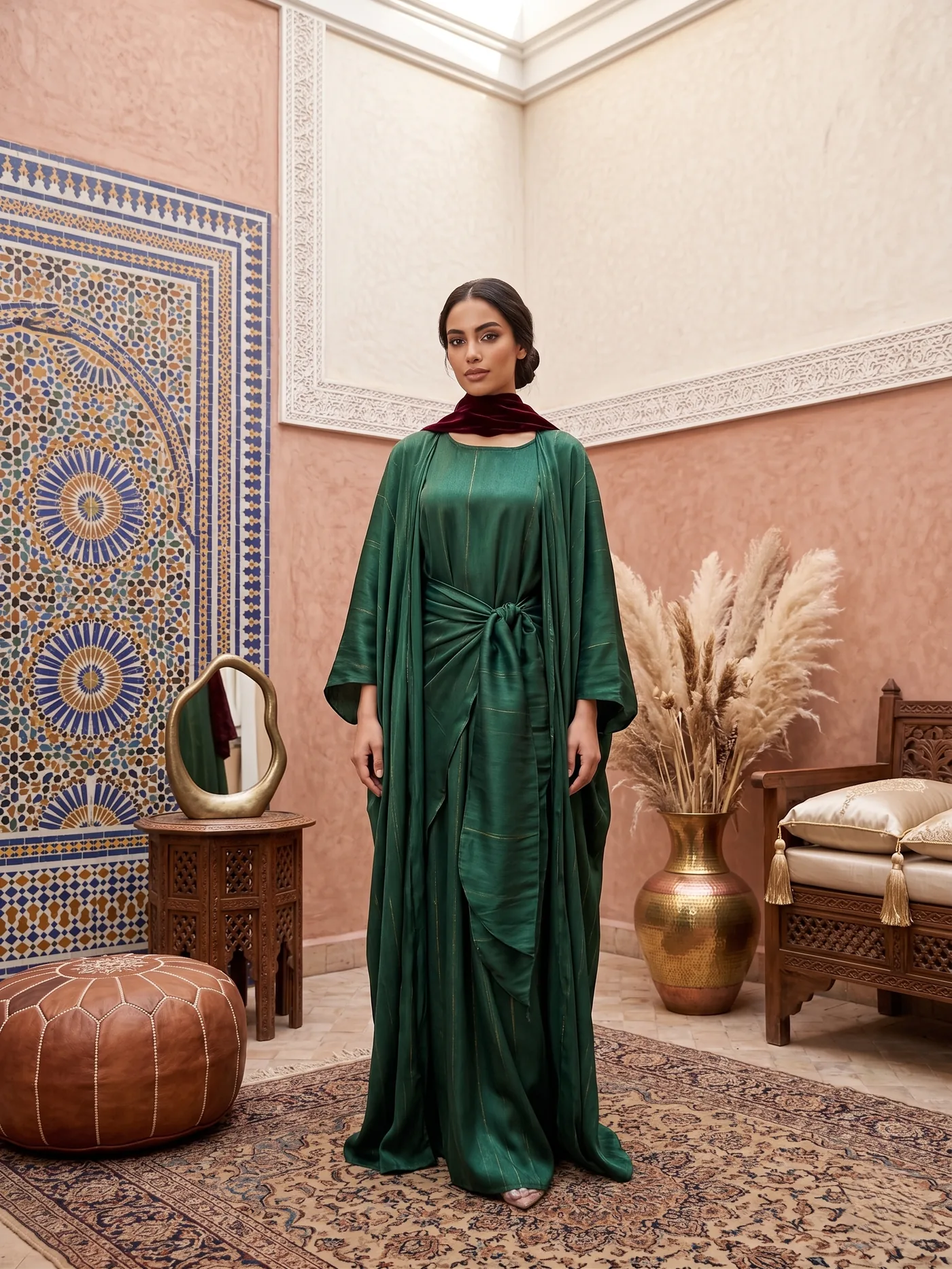An everyday abaya in emerald satin, straight cut