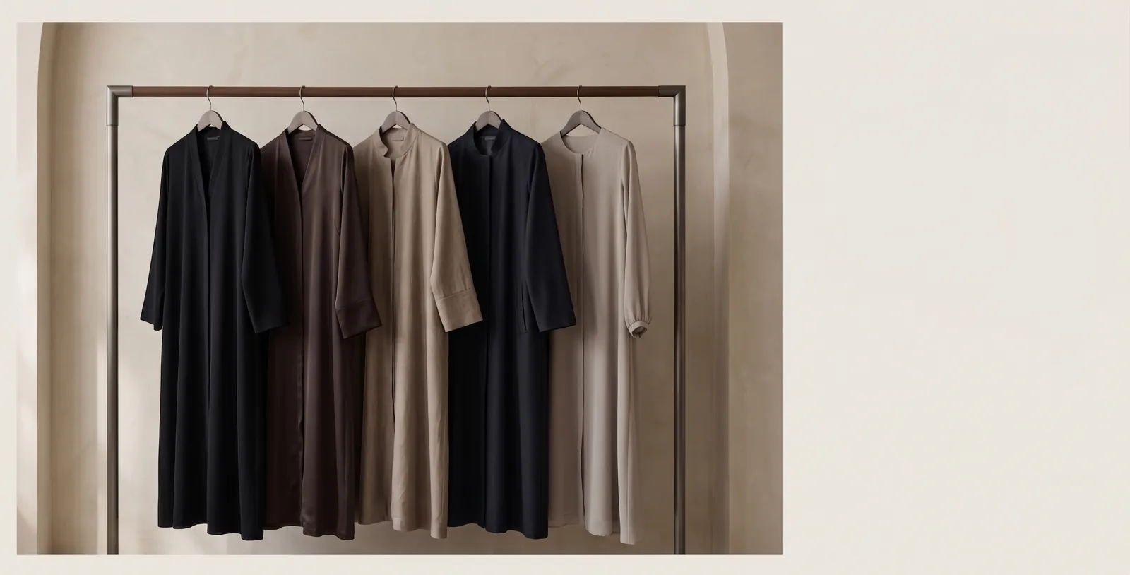 A rail of finished abayas in the workroom