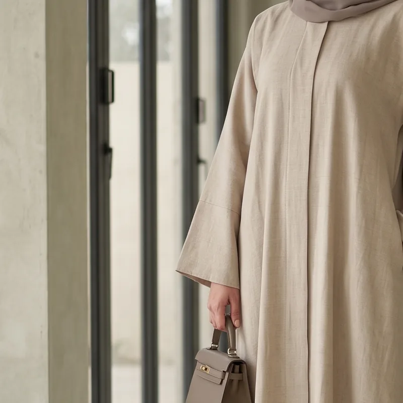 The wide kimono sleeve of a sand linen abaya, cut in one with the body