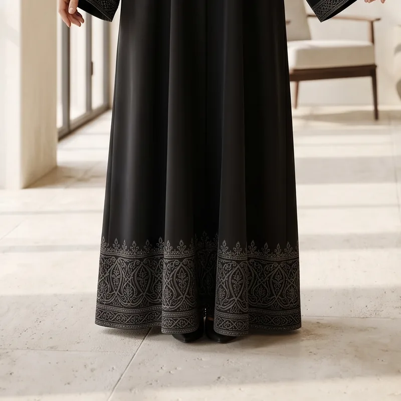 Antique-gold zari embroidery worked across the hem of a charcoal abaya