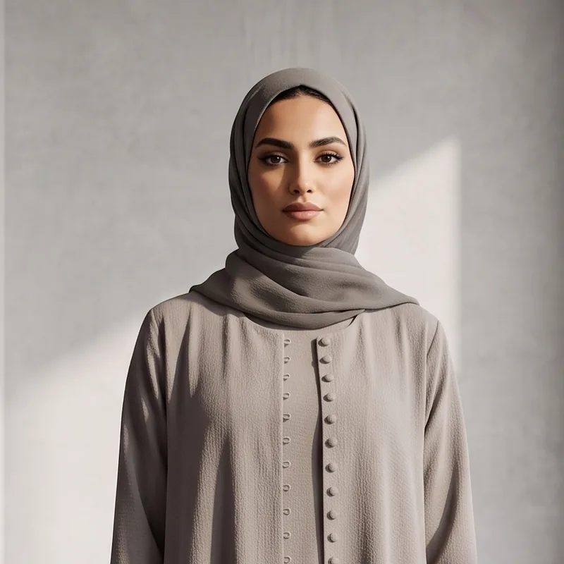 The neckline and button placket of a stone abaya